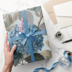 Papel De Regalo Hortensia Azul Suave Patrón Floral Gris