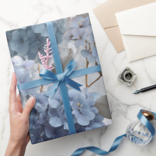 Papel De Regalo Hortensia Azul Suave Patrón Floral Gris