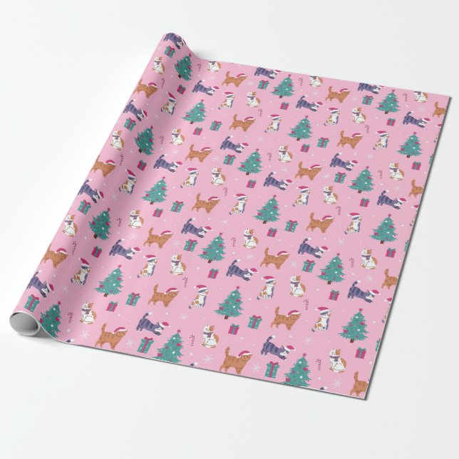 Papel De Regalo hristmas Patrón de feriado de gatos y árboles (Desenrollado)