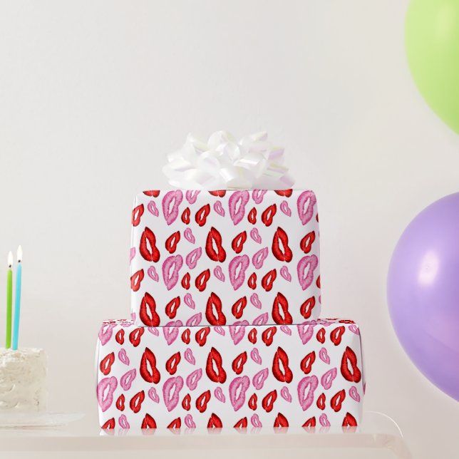 Papel De Regalo Huella de labial rojo rosado besos  (Regalos de fiesta)