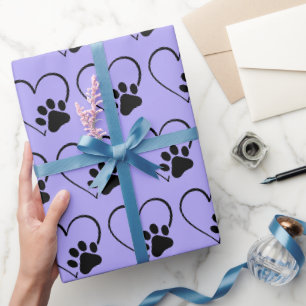 Papel De Regalo Huella de pata de perro y corazón en morado