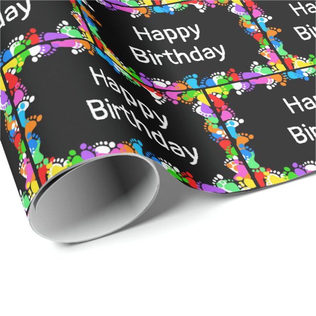 Papel De Regalo Huellas de cumpleaños en negro (Esquina del rollo)