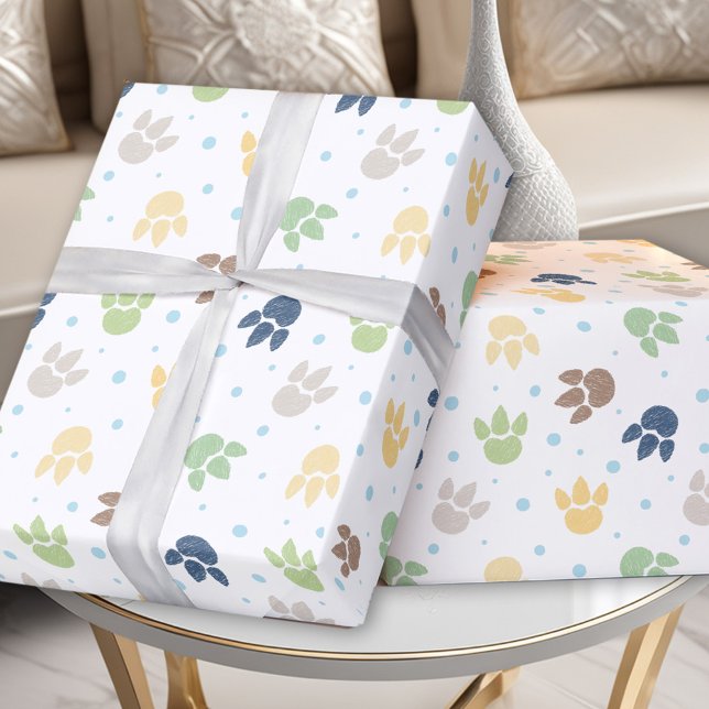 Papel De Regalo Huellas de Dinosaurio Azul Verde Amigo Cumpleaños (Dinosaur Footprints Blue Green Yellow Boy Birthday Wrapping Paper)