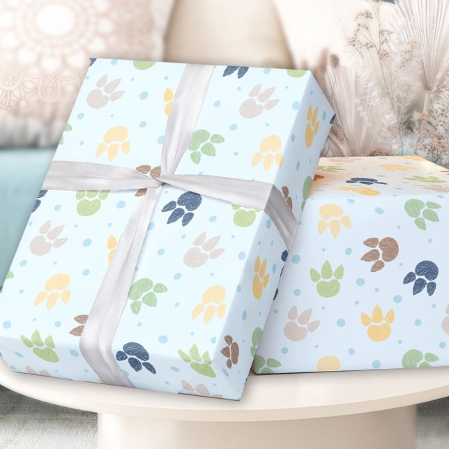 Papel De Regalo Huellas de Dinosaurio Pastel Blue Green Boy Cumple (Dinosaur Footprints Pastel Blue Green Boy Birthday Wrapping Paper)