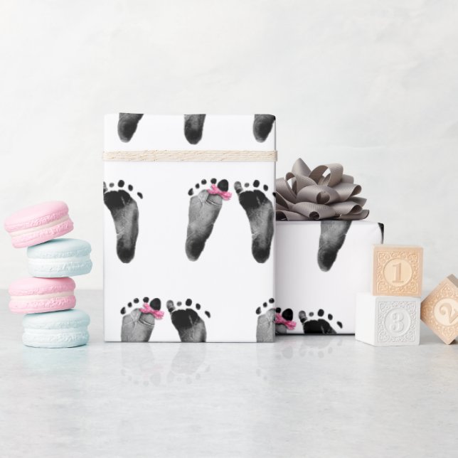 Papel De Regalo Huellas De Niña Bebé Con Bow Rosa (Baby Shower)