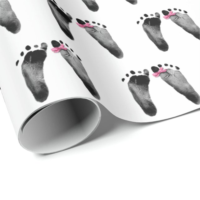 Papel De Regalo Huellas De Niña Bebé Con Bow Rosa (Esquina del rollo)