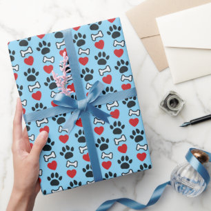Papel De Regalo Huellas De Pata De Perro Corazones Rojos Y Huesos 