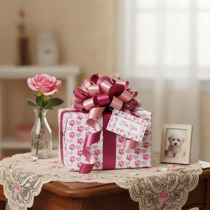 Papel De Regalo Huellas de patas rosadas y corazones
