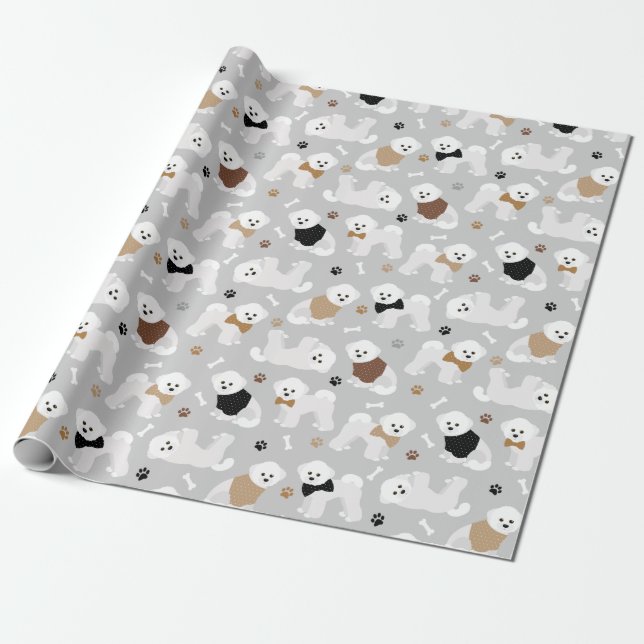 Papel De Regalo Huesos de Bichon Frise y gris (Desenrollado)