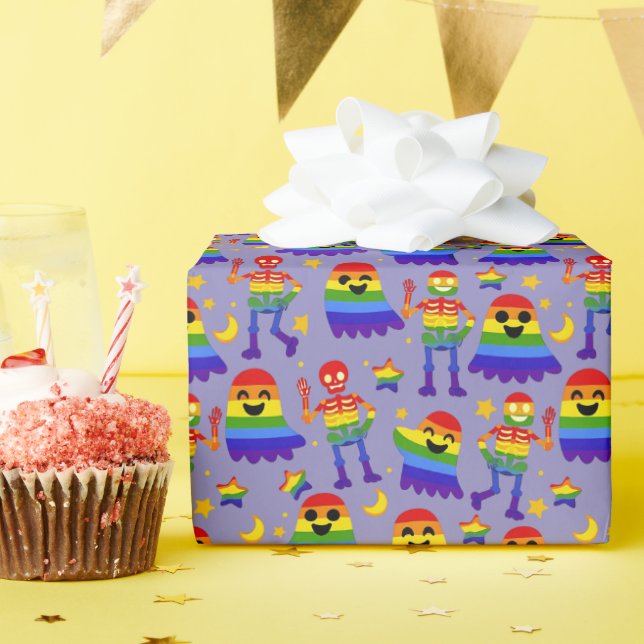 Papel De Regalo 🦇🌈 Huesos y Estrellas de Arcoíris  (Fiesta de cumpleaños )