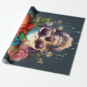 Papel De Regalo Huesos y flores, cráneo y flores de jardín