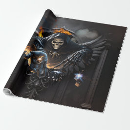 Papel De Regalo Huesos y magia, esqueleto con dados místicos.