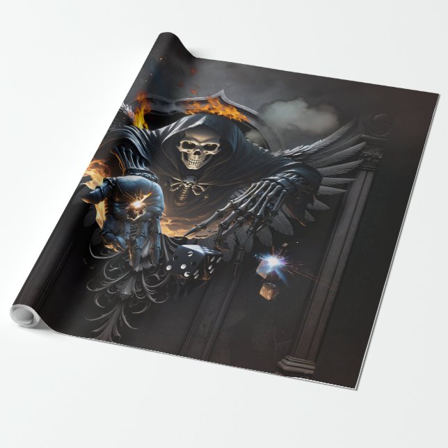 Papel De Regalo Huesos y magia, esqueleto con dados místicos. (Desenrollado)