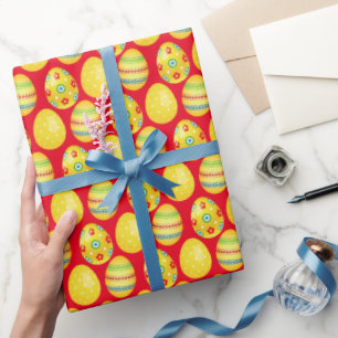 Papel De Regalo Huevos Amarillos De Pascua En Rojo