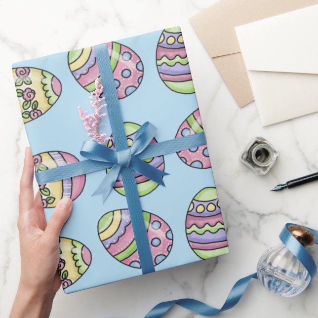 Papel De Regalo Huevos de Pascua coloridos. Fondo Azul. (Regalar)