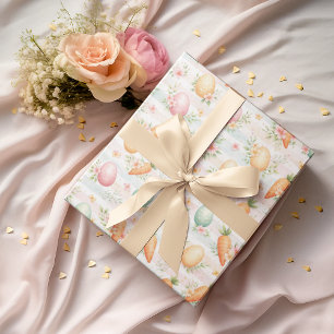Papel De Regalo Huevos de Pascua, Zanahorias y Flores de Primavera