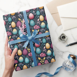 Papel De Regalo Huevos decorativos de Pascua Patrón Floral Oscuro