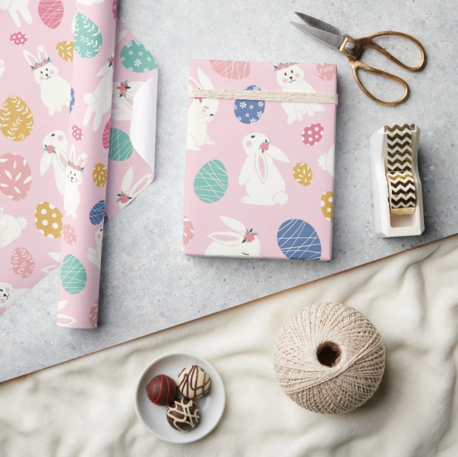 Papel De Regalo Huevos florales rosados modernos de conejo de Pasc (Artesanía)