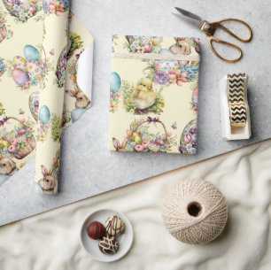 Papel De Regalo Huevos Pastel de Pascua, Conejo, Amarillo Floral d