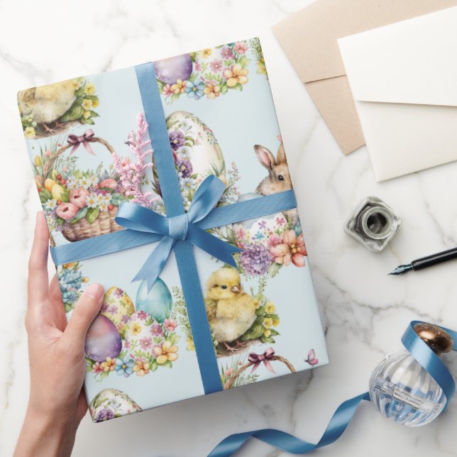 Papel De Regalo Huevos Pastel de Pascua, Conejo, Azul Floral Chick (Regalar)