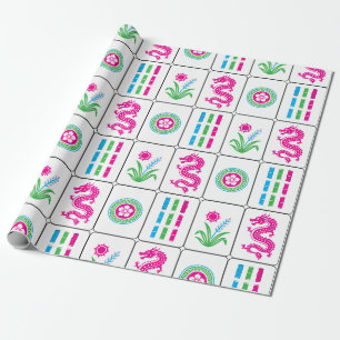 Papel De Regalo Huge fichas de Mahjong #4 Rosa Verde Capri Azul Bl