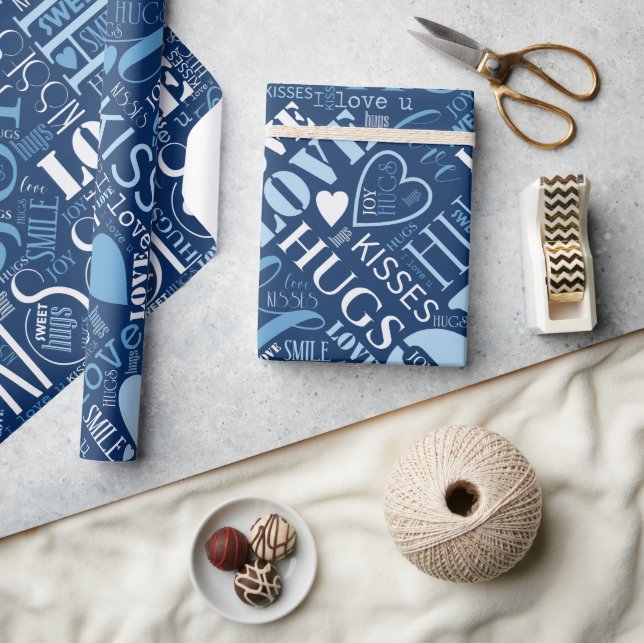 Papel De Regalo Hugs and Kisses Word Cloud Blue ID286 (Artesanía)