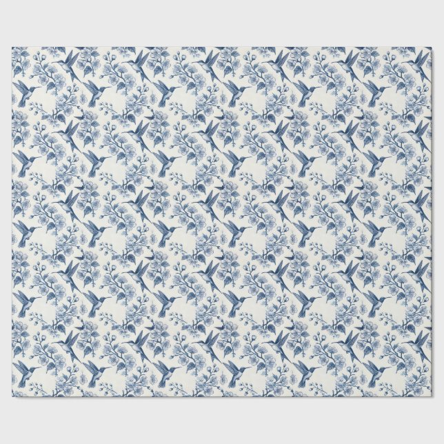 Papel De Regalo Hummingbird and Branches Blue Toile Chinoiserie (Costura)