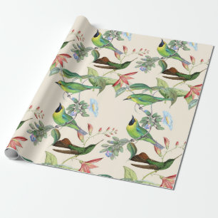 Papel De Regalo Hummingbirds y flores en crema ligera