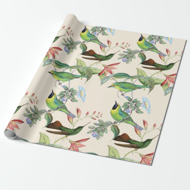 Papel De Regalo Hummingbirds y flores en crema ligera (Desenrollado)