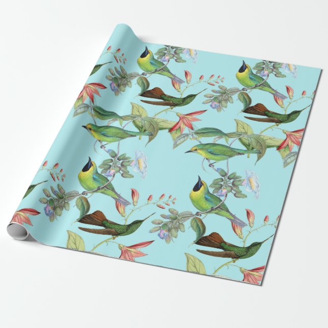 Papel De Regalo Hummingbirds y Flores en verde claro (Desenrollado)
