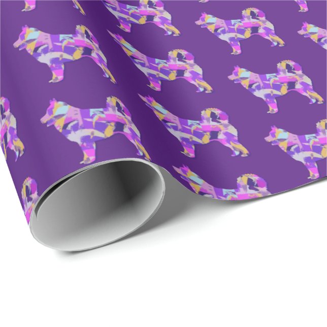 Papel De Regalo Husky Siberian Dog Silhouette Colorful Purple (Esquina del rollo)