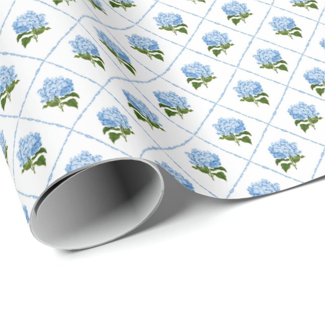 Papel De Regalo Hydrangea azul Grandmillennial (Esquina del rollo)