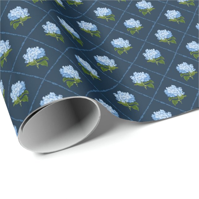 Papel De Regalo Hydrangea azul Grandmillennial (Esquina del rollo)
