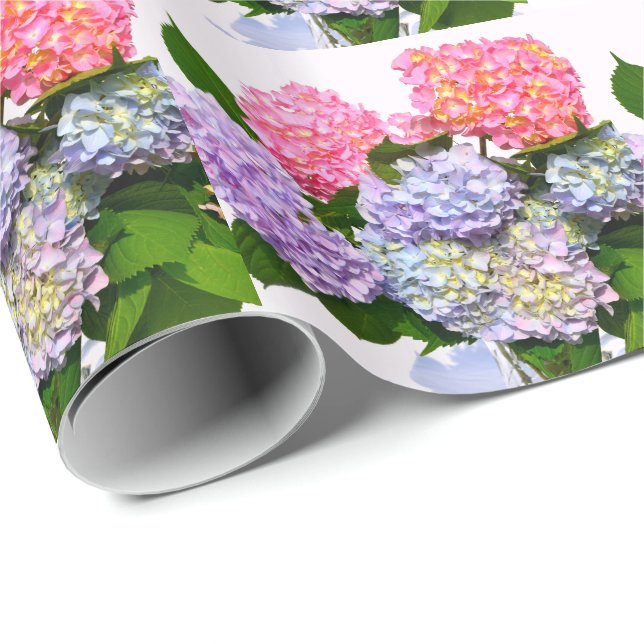 Papel De Regalo Hydrangea Bouquet, floral rosa, morado (Esquina del rollo)