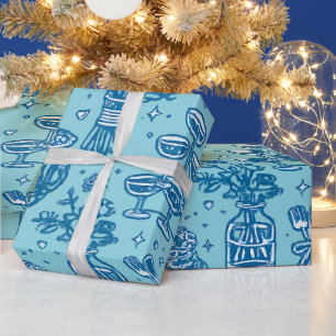 Papel De Regalo Iconos de Collage de Celebración de Boda Azul Eleg