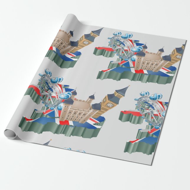 Papel De Regalo Iconos de Londres Mapa del Reino Unido Viajes Brit (Desenrollado)