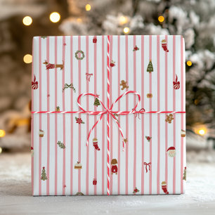 Papel De Regalo Iconos Navideños Retro Cute con Franja Rosa