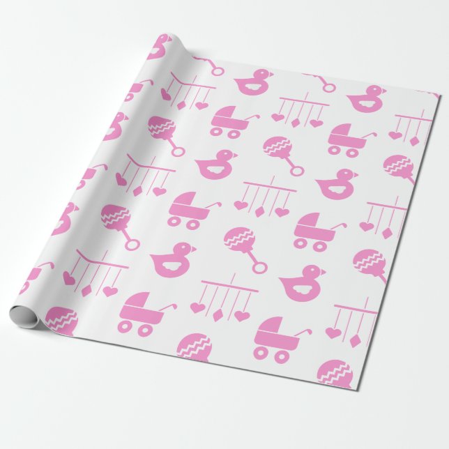 Papel De Regalo Iconos rosados de Baby Shower de la niña (Desenrollado)