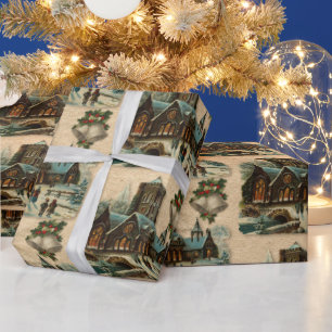 Papel De Regalo Iglesia de Navidad Villancicos Victorianos Campana