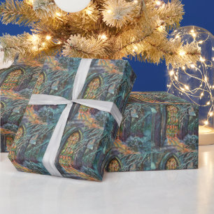 Papel De Regalo Iglesia de Navidad Vintage con vidriera de colores