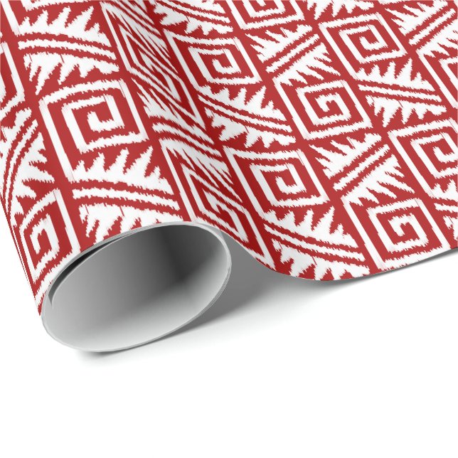 Papel De Regalo Ikat Aztec Tribal - Rojo oscuro y blanco (Esquina del rollo)