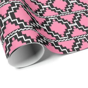 Papel De Regalo Ikat Azteca Tribal - Rosa Fucsia, Negro y Blanco