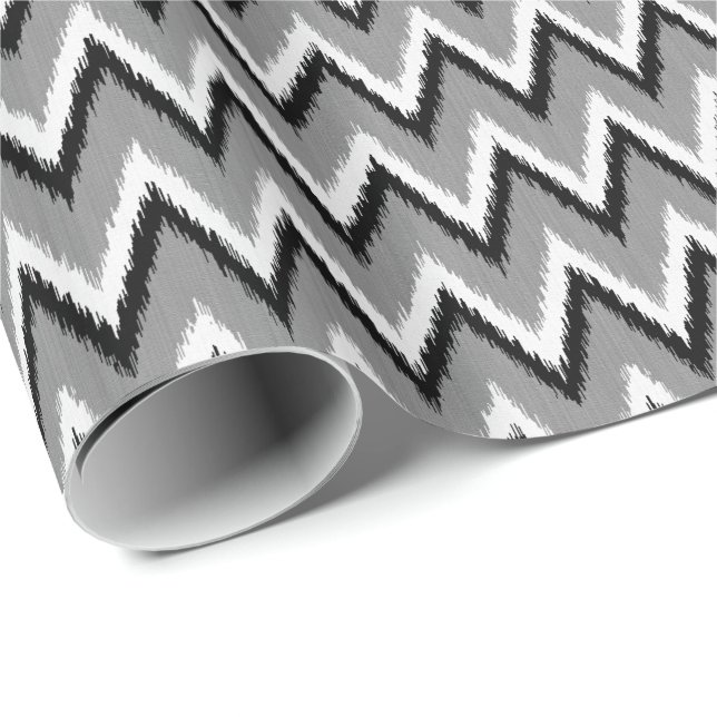 Papel De Regalo Ikat Chevron Stripes - Gris / Gris, Negro y Blanco (Esquina del rollo)