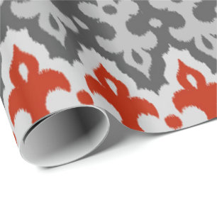 Papel De Regalo Ikat Damask marroquí, gris grafito y rojo