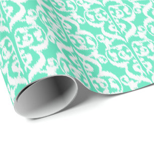 Papel De Regalo Ikat Damask Morisco - aqua y blanco