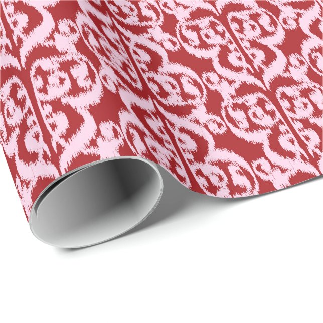 Papel De Regalo Ikat Damask Morisco - rojo oscuro y rosa (Esquina del rollo)