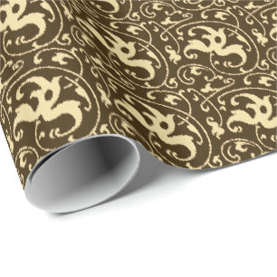 Papel De Regalo Ikat Floral Damask - Chocolate Marrón y Beige