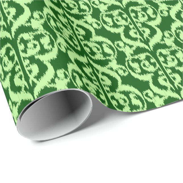 Papel De Regalo Ikat Morish Damask - verde pino y menta (Esquina del rollo)