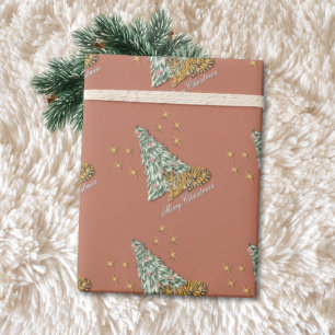 Papel De Regalo Ilusión Dimensional Vintage Tigre Rosa Navidad