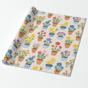 Papel De Regalo Ilustración Botánica de Flores en Macetas Capricho